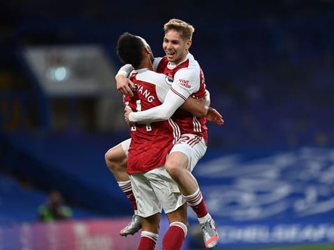 Arsenal's Emile Smith Rowe celebrates scoring with Pierre-Emerick Aubameyang.