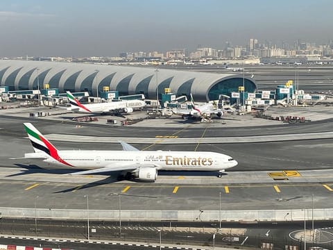 Emirates airlines are seen on the tarmac in a general view of Dubai International Airport 
