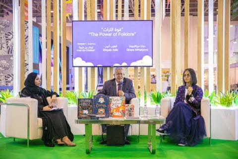 Dinara Mirtalipova, a self-taught illustrator and designer (right) speaking during the session titled  ‘The Power of Folklore’, hosted by Egyptian novelist, Tayeb Adib at the Sharjah Reading Festival on Thursday. 