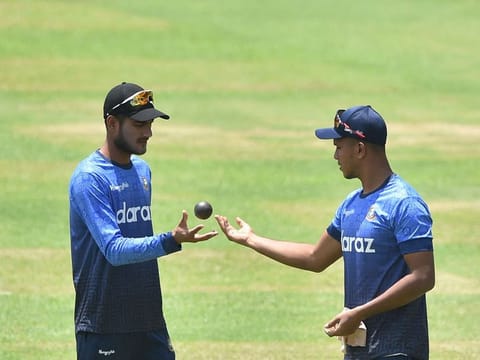 Bangladesh’s Mohammad Saifuddin and Nayeem Hasan during a practice session at the Sher-e-Bangla National Cricket Stadium in Dhaka 