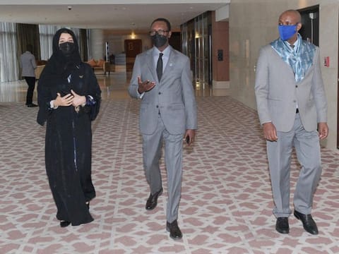 Reem Ebrahim Al Hashemi, UAE Minister of State for International Cooperation with Emmanuel Hategeka, Ambassador of Rwanda to the UAE (centre) and Minister Counsellor Edouard Bizumuremyi at a commemoration event on Friday, May 21 in Dubai. 