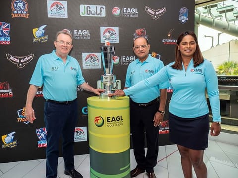 Emirates Amateur Golf League (EAGL) Tournament Director Nick Tarratt with Sripriyaa Kumaria, League Administrator, and Sudesh Aggarwal, creator of the tournament Pic 