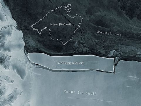 This handout image provided by the European Space Agency (ESA) shows a representation of the size of an which iceberg has calved from the western side of the Ronne Ice Shelf, lying in the Weddell Sea, in Antarctica. 