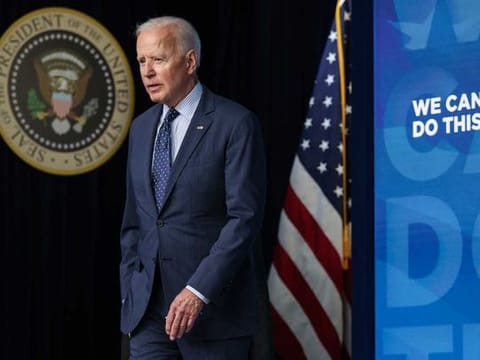 President Joe Biden arrives to speak about the coronavirus response and vaccination programme, in the South Court Auditorium of the Eisenhower Executive Office Building on the White House grounds in Washington