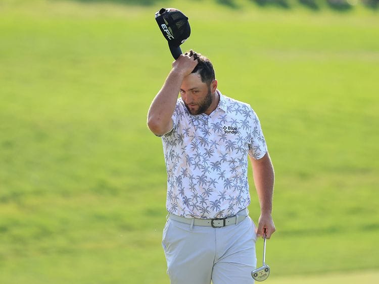 Jon Rahm reacts as he walks off the 18th green after completing his third round of The Memorial Tournament at Muirfield 