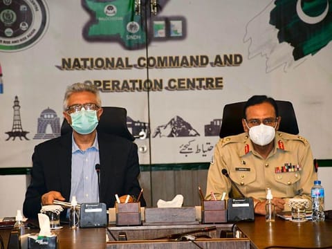 Dr Faisal Sultan, adviser to the prime minister on health affairs, and NCOC director general Maj Gen Asif Mehmood Goraya during an exclusive briefing on Pakistan’s vaccination strategy. 