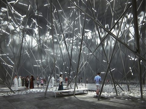 The 126 rods of the Bahraini pavilion become weaving needles, representing Bahrain’s history of traditional crafts and multiculturalism through food.
