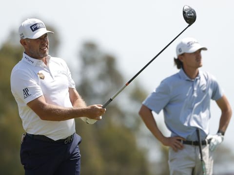 Lee Westwood looks on from the 15th tee during a practice round prior to the start of the 2021 US Open at Torrey Pines. 