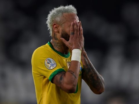 Brazil's star striker Neymar gestures after scoring duering their 4-0 win over Peru during the Copa America 2021 group phase match at the Nilton Santos Stadium in Rio de Janeiro on Thursday.