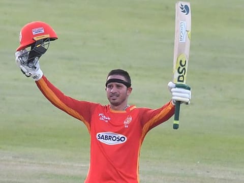 Usman Khawaja, the stand-in captain for Islamabad United, after completing his century in Abu Dhabi on Friday. 