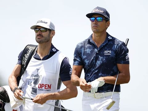 Rafa Cabrera Bello walks with his caddie and brother Miguel Cabrera Bello up the fifth hole during the first round of the 2021 U.S. Open at Torrey Pines Golf Course (South Course) on June 17, 2021 in San Diego, California.  