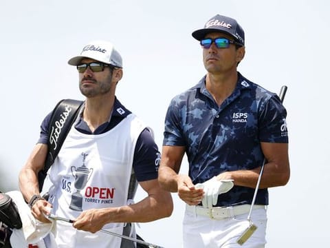 Rafa Cabrera Bello walks with his caddie and brother Miguel Cabrera Bello up the fifth hole during the first round of the 2021 U.S. Open at Torrey Pines Golf Course (South Course) on June 17, 2021 in San Diego, California.  