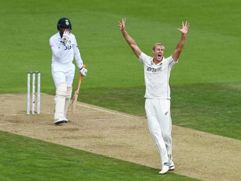 New Zealand's Kyle Jamieson appeals successfully for a LBW (leg before wicket) decision against India's Jasprit Bumrah on the third day of the ICC World Test Championship Final at the Ageas Bowl in Southampton, southwest England on June 20, 2021.  