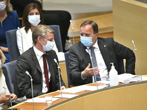 Sweden's Prime Minister Stefan Lofven, right, and Minister of the Environment and Climate Per Bolund before a confidence vote in the Swedish Parliament in Stockholm, on June 21, 2021. 