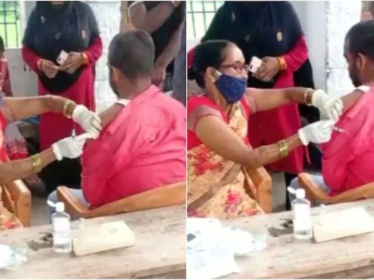  Azhar Hussain, a resident of Chapra town in Bihar’s Saran district, being 'administered'  a jab at the vaccination centre..
