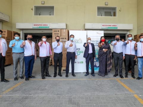 Representatives of Norka Roots and Aster Volunteers flag off the last batches of COVID-19 oxygen relief supplies to Kerala from Dubai.