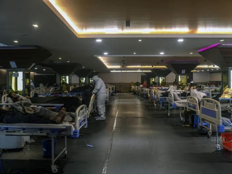 A makeshift care facility for COVID-19 patients in Delhi on April 23 2021.  A cascading series of failures, from the federal government on down, left hospitals across India without medical oxygen, killing hundreds. 