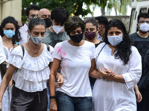 Bollywood actress Mandira Bedi attends the funeral of her husband and Bollywood film director and producer Raj Kaushal in Mumbai on June 30, 2021.