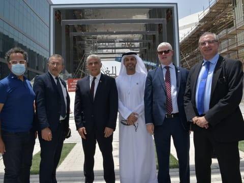 From left: Malki Shem Tov, CEO of AVS, Producer of the Israel Pavilion at Expo 2020 Dubai, Elazar Cohen, Commissioner General of the Israel Pavilion at Expo 2020 Dubai,  Israeli foreign minister Yair Lapid, Mohamed Al Khaja, the UAE ambassador to Israel, Alon Ushpiz, director-general at Israel’s Ministry of Foreign Affairs and Eitan Na’eh, Israel’s acting ambassador/Chargé d'affaires to the UAE.