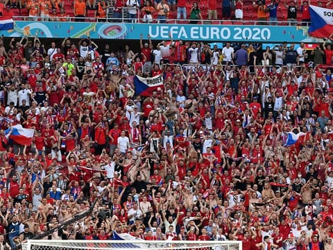 Fans celebrate during a Euro 2020 match in Puskas Arena, Budapest, Hungary on June 27, 2021 . 