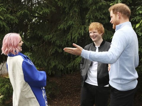 Handout photo issued by WellChild of  the Duke of Sussex speaking to Ed Sheeran and Anne-Marie during the WellChild Awards 2021 at a private garden party at Kew Gardens, in London.