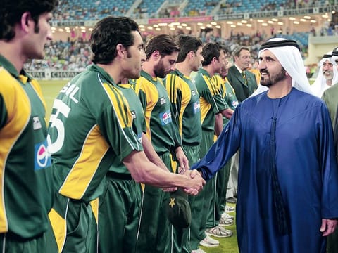Red Letter Day: His Highness Sheikh Mohammed Bin Rashid Al Maktoum, Vice President & Prime Minister of the UAE and Ruler of Dubai greets members of the Pakistan cricket team ahead of their first 'home' match in the UAE at the Dubai International Stadium in 2009.  Sheikh Hamdan Bin Mohammed Bin Rashid Al Maktoum, Crown Prince of Dubai, and Sheikh Nahayan Mabarak Al Nahayan, the UAE’s Minister of Tolerance and Coexistence and Chairman of both Emirates Cricket Board and Abu Dhabi Cricket Club, were also present.