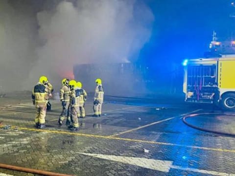 Dubai Civil Defence teams tackling the fire after the explosion at Jebel Ali Port, Dubai.