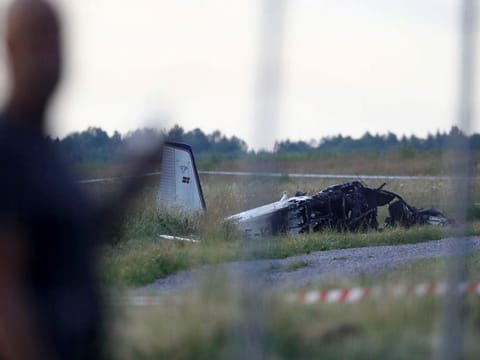 Emergency services at the scene of small aircraft crash, at Orebro Airport in Sweden, Thursday, July 8 2021.