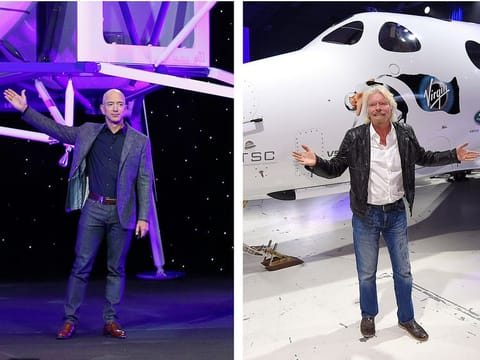 File photos: Jeff Bezos (left) with a model of Blue Origin's Blue Moon lunar lander in Washington, and Richard Branson with Virgin Galactic's SpaceShipTwo space tourism rocket in Mojave, California. 