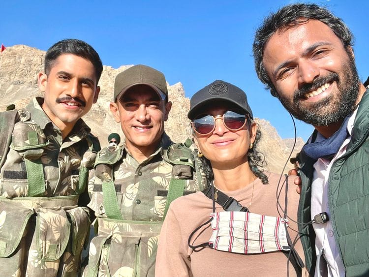 Naga Chaitanya with actor Aamir Khan, co-producer Kiran Rao and director Advait Chandan on the set of ‘Laal Singh Chaddha'