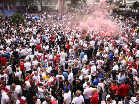 England fans gather in Leicester Square ahead of the Euro Cup final match between Italy and England on July 11, 2021. 