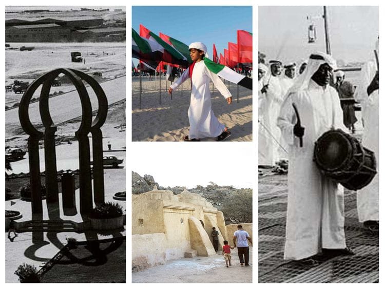Flame rounabout, UAE flags, Ras Al Khaimah drummers and Al Bidiya Mosque