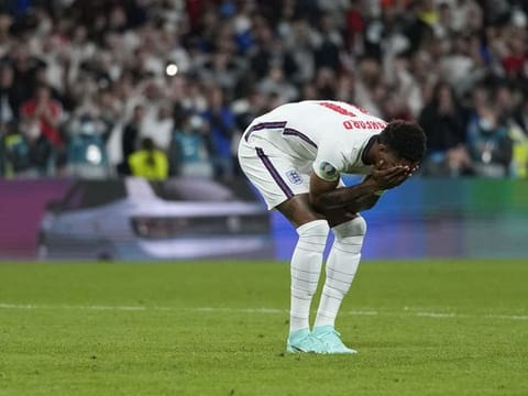 England's forward Marcus Rashford reacts after missing his penalty against Italy in the Euro 2020 final. 
