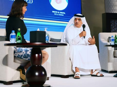 Ghaith Al Ghaith, CEO of flydubai, speaks at the World Sustainable Business Forum 2021 in Dubai on Monday. 