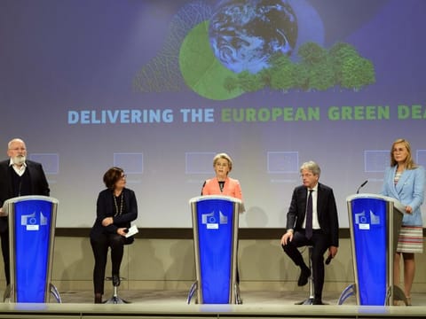 Frans Timmermans, vice-president of the European Commission, Adina Valean, transport commissioner of the European Union (EU), Ursula von der Leyen, president of the European Commission, Paolo Gentiloni, economy commissioner of the European Union (EU), and Kadri Simson, energy commissioner of the European Union (EU),  (from left ) as the European Union (EU) unveils a landmark climate plan in Brussels, Belgium, on Wednesday, July 14, 2021.  