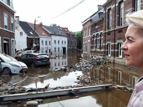 European Commission President Ursula von der Leyen visits a site affected by floods, following heavy rainfalls, in Pepinster, Belgium, July 17, 2021. 