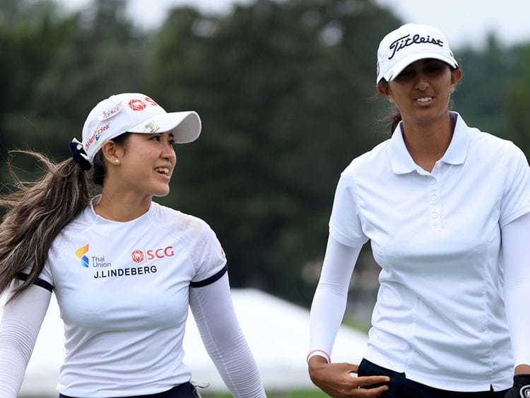 Pajaree Anannarukarn of Thailand and Aditi Ashok of India at the Dow Great Lakes Bay Invitational 