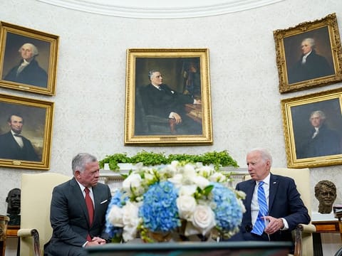 US President Joe Biden, right, meets with Jordan’s King Abdullah, left, in the Oval Office of the White House in Washington, Monday, July 19, 2021. 