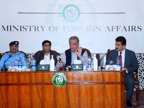Pakistani Foreign Minister Shah Mahmood Qureshi at a press conference in Islamabad on Monday, July 19, 2021.
