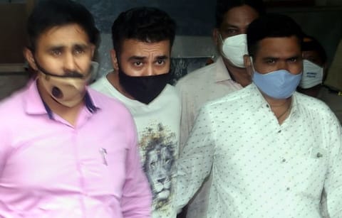 Raj Kundra (C) being taken to the Esplanade Court as he was arrested in the pornography-related case Mumbai, Friday, July 23, 2021.