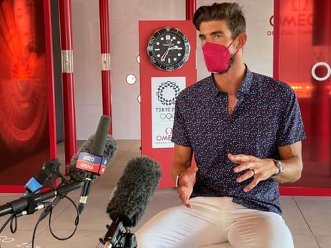 US Olympic gold medalist Michael Phelps speaks during an interview with journalists on the sidelines of the Olympic Games in Tokyo.