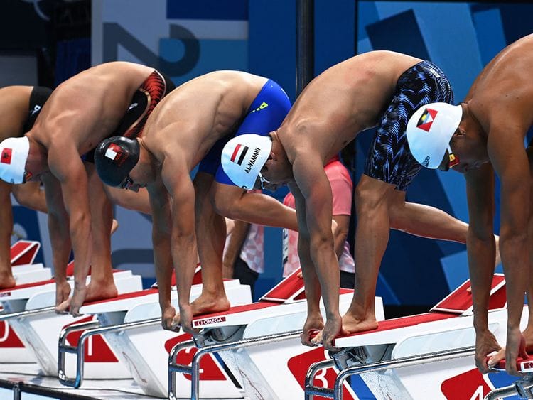 Yemen's Mokhtar Al Yamani won heat 3 of the men's 100m freestyle qualifying, with the UAE's Yousef Al Matrooshi third
