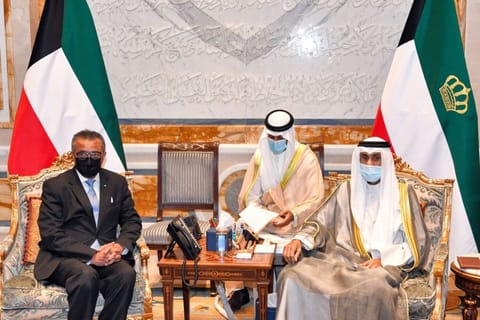A photo provided by the Kuwaiti news agency Kuna on July 28, 2021 shows Kuwait's Emir Sheikh Nawaf Al Ahmad Al Jaber Al Sabah receiving the Director General of the World Health Organization (WHO) Tedros Adhanom Ghebreyesus at Bayan Palace in Kuwait City. 