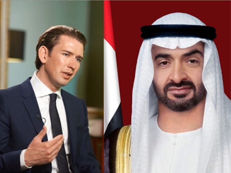 His Highness Sheikh Mohamed bin Zayed Al Nahyan, Crown Prince of Abu Dhabi and Deputy Supreme Commander of the UAE Armed Forces, and Sebastian Kurz, Federal Chancellor of the Republic of Austria.