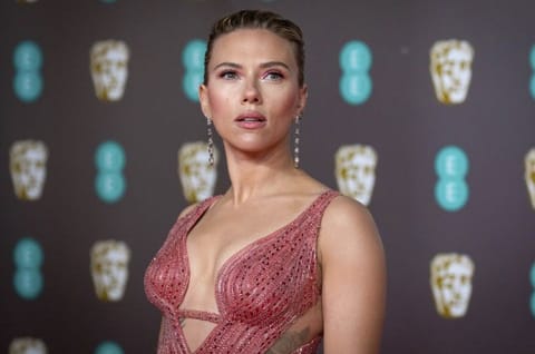 Scarlett Johansson arrives at the Bafta Film Awards, in central London, Feb. 2 2020.
