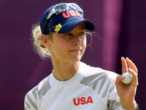 Nelly Korda of the United States gestures as she finishes her round.