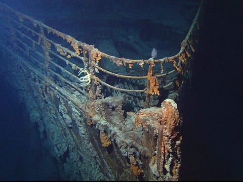 View of the bow of the RMS Titanic photographed in June 2004 by the ROV Hercules during an expedition returning to the shipwreck of the Titanic.