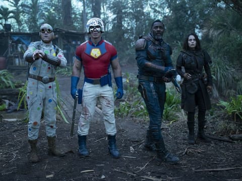 This image provided by Warner Bros. Pictures shows David Dastmalchian, from left, John Cena, Idris Elba and Daniela Melchior in a scene from "The Suicide Squad."