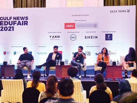 (From left) Farhan Zeb, Sumeet Sawlani, Varun Sharma, Shriya Bhatia and Zainab Fahad during a panel discussion on the third and final day of Gulf News EduFair in Shangri-La Hotel, Dubai, on Saturday. 