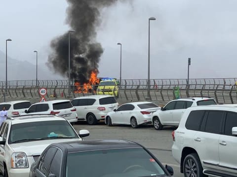 The car in flames in Khor Fakkan on Tuesday. Civil Defence controlled the blaze within minutes. 